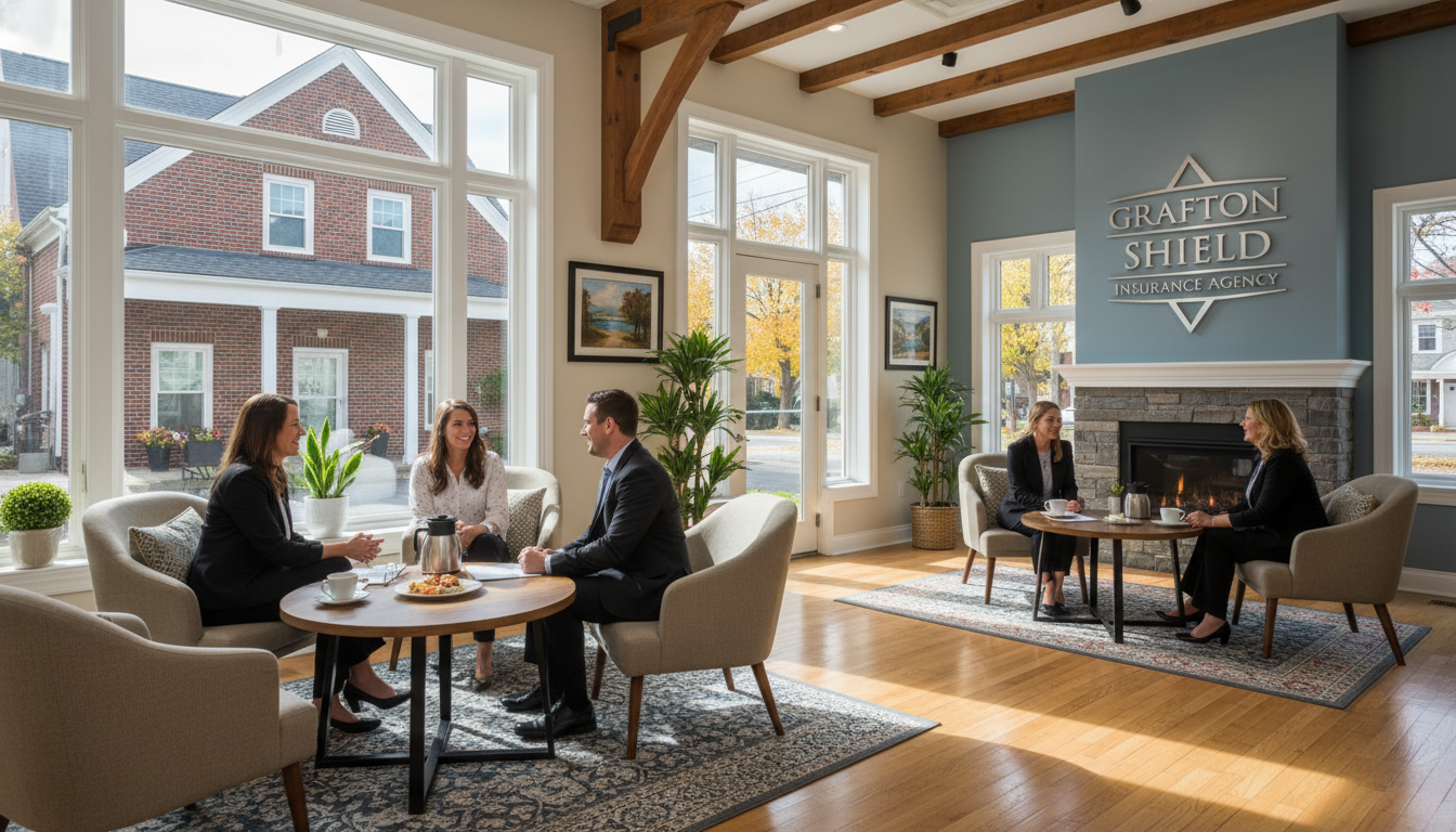 A professional yet welcoming insurance agency office in Grafton, Massachusetts, featuring a blend of traditional New England architecture and modern interior design, with friendly agents consulting with clients over coffee.