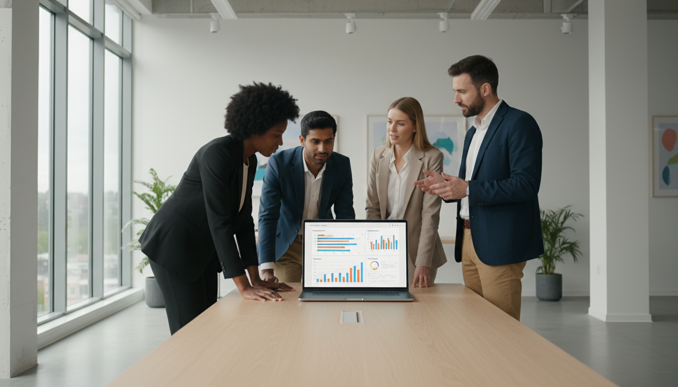 A professional modern office setting with a diverse group of entrepreneurs looking at a laptop screen showing insurance comparison charts, clean minimalist aesthetic, soft natural lighting, high resolution.