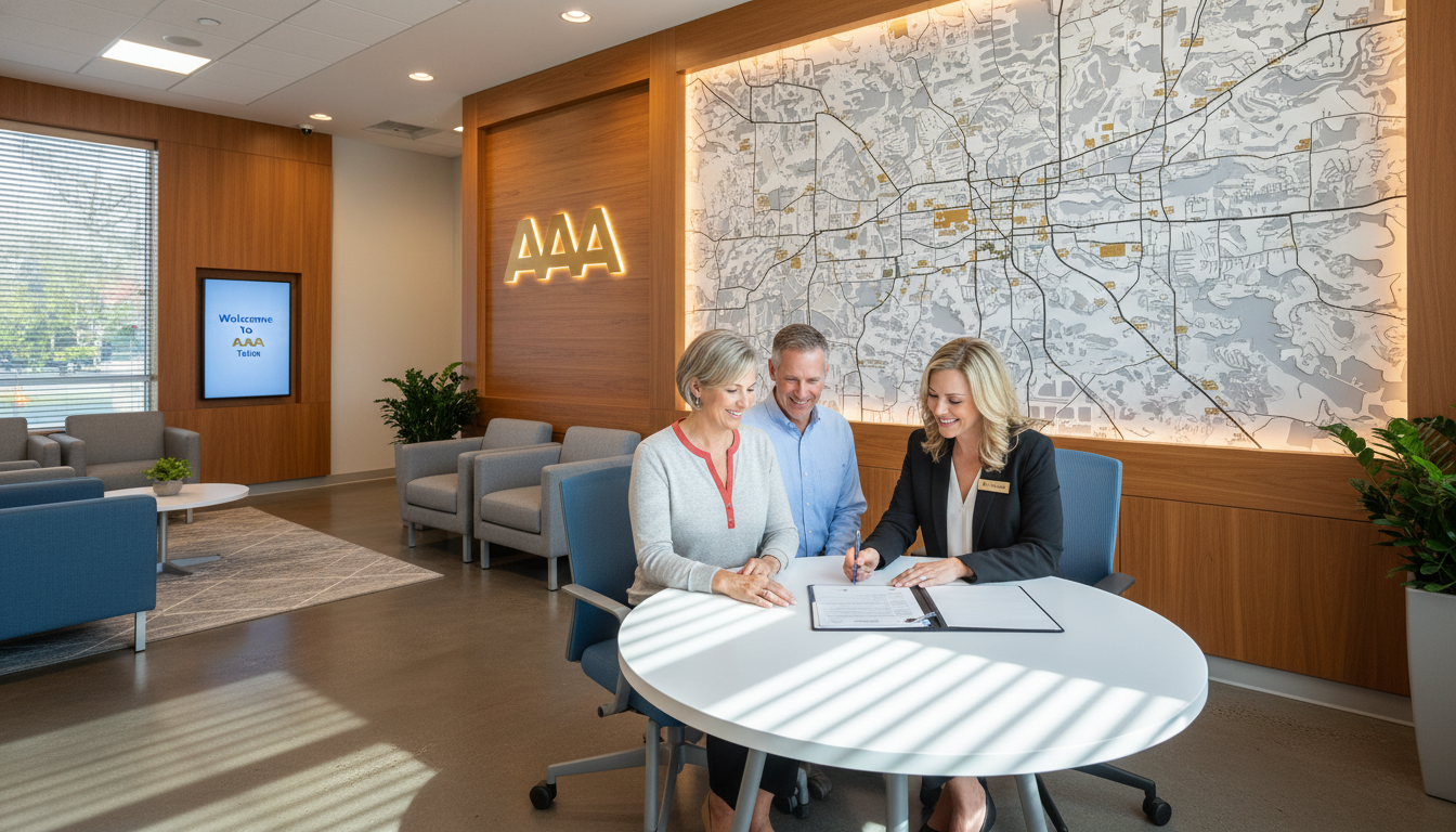 A professional and inviting AAA insurance office interior in Tulsa, Oklahoma, featuring a modern lobby with a local Tulsa map on the wall and a friendly agent assisting a smiling couple with paperwork.