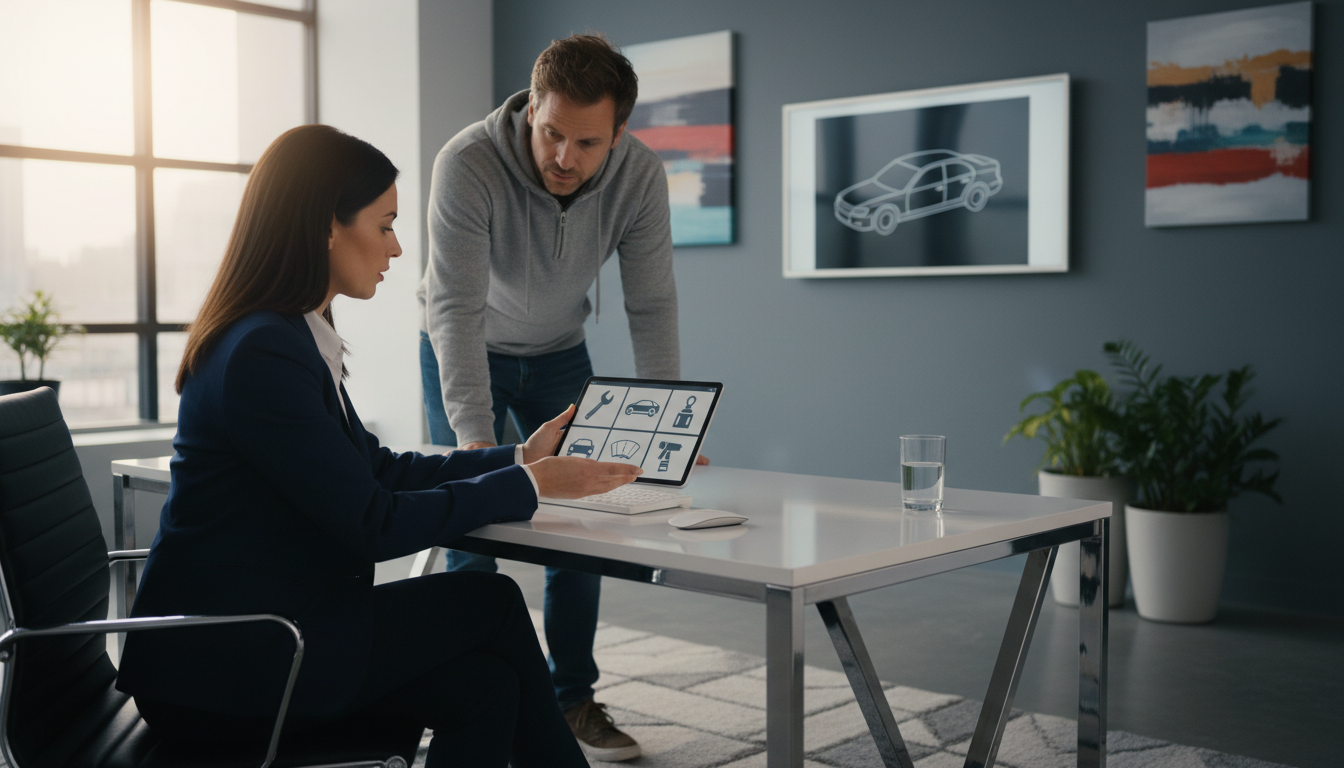 A professional insurance adjuster sitting at a clean modern desk, looking at a digital tablet with car repair icons, while a concerned car owner stands nearby in a well-lit contemporary office setting, cinematic lighting, high resolution.