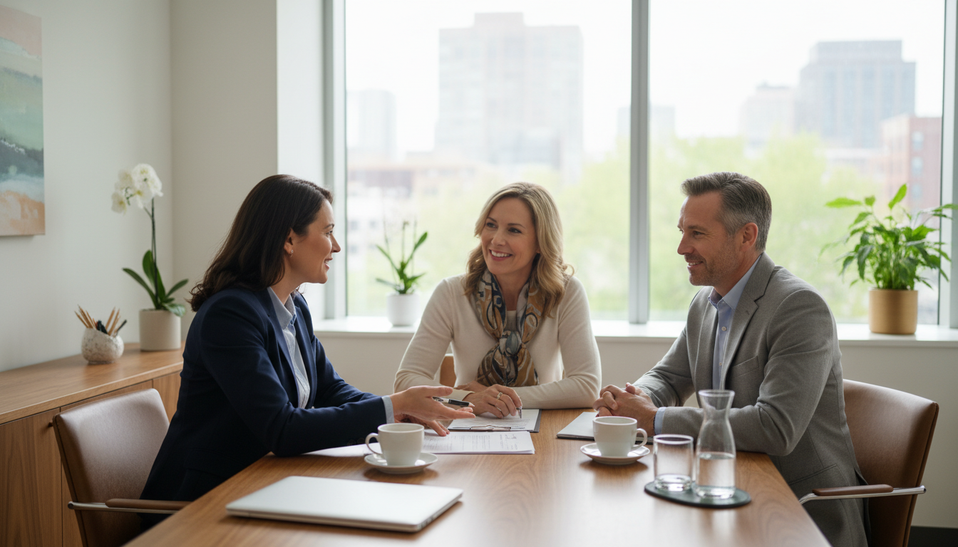 A professional insurance agent sitting at a wooden desk in a bright, modern office, reviewing documents with a smiling couple, high-quality photography, soft morning light, professional atmosphere.