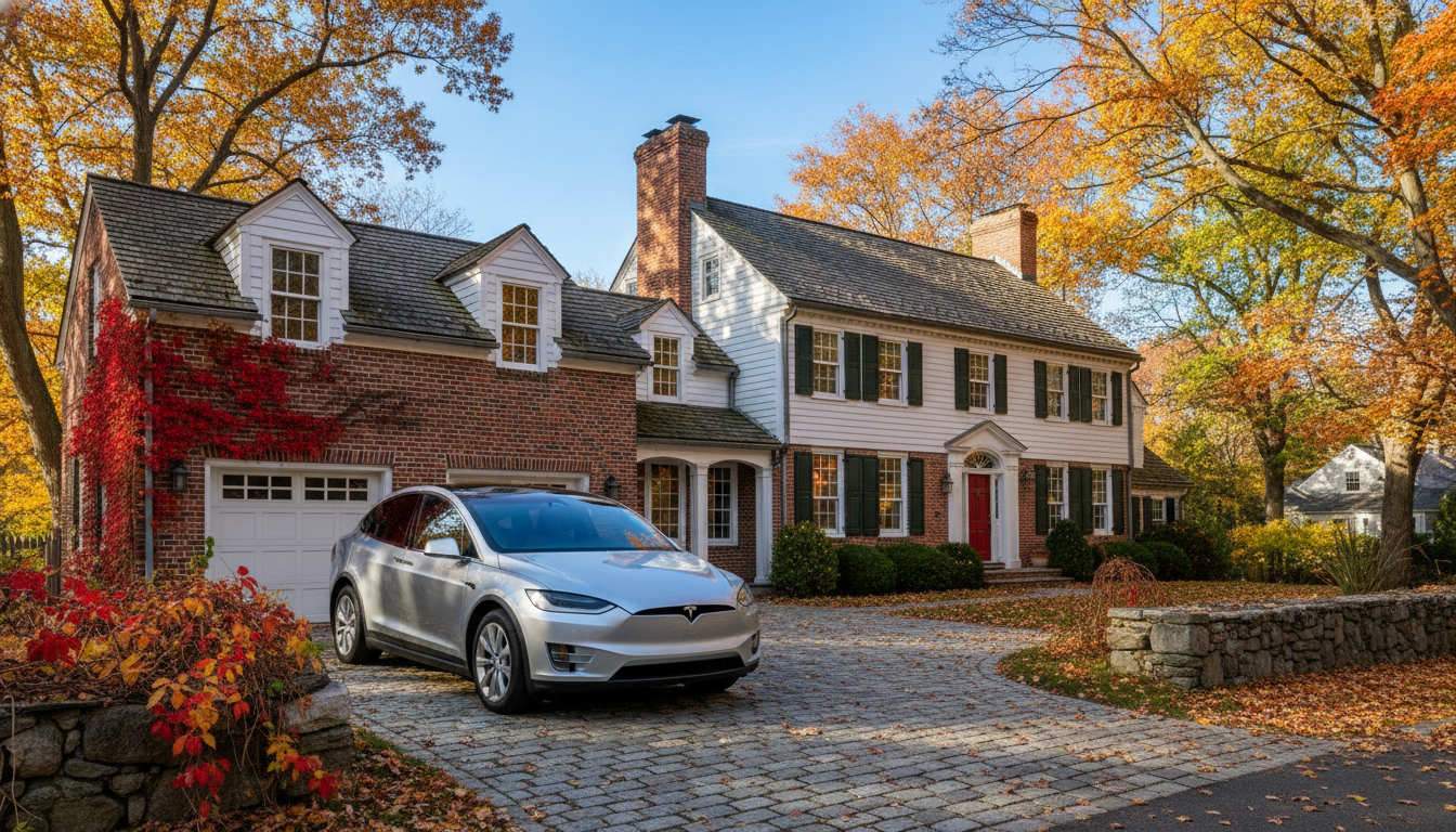 A beautiful New England colonial-style home with a modern electric SUV parked in a paved driveway, surrounded by colorful autumn maple leaves, bright blue sky, high-quality architectural photography