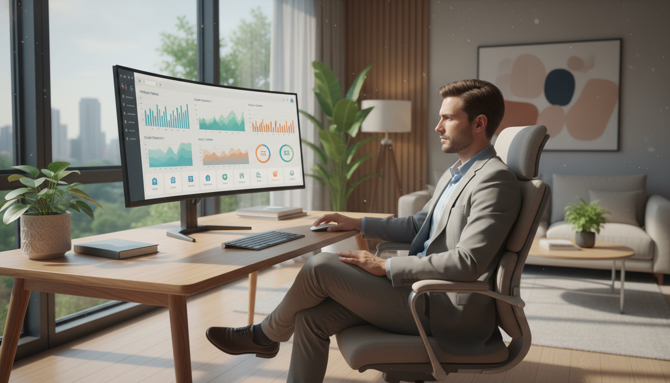 A professional person sitting in a modern, sunlit home office, looking at a clean and intuitive digital insurance dashboard on a large computer screen, showing graphs and policy icons, cinematic lighting, ultra-realistic, 4k resolution