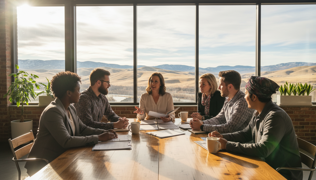 A diverse group of professional small business owners sitting around a wooden table in a sunlit Boise office, discussing health insurance documents with a view of the Idaho foothills in the background, high quality photography, cinematic lighting