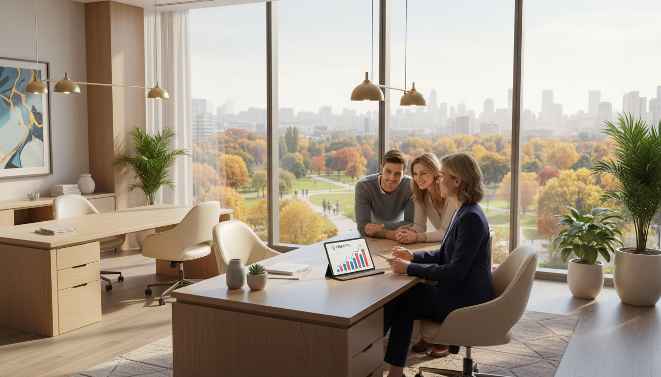 A wide-angle, cinematic shot of a modern, bright office space where a professional consultant is calmly explaining a digital chart on a tablet to a young couple. In the background, a large window reveals a peaceful city park during autumn. The atmosphere is warm, trusting, and sophisticated, emphasizing financial security and human connection.