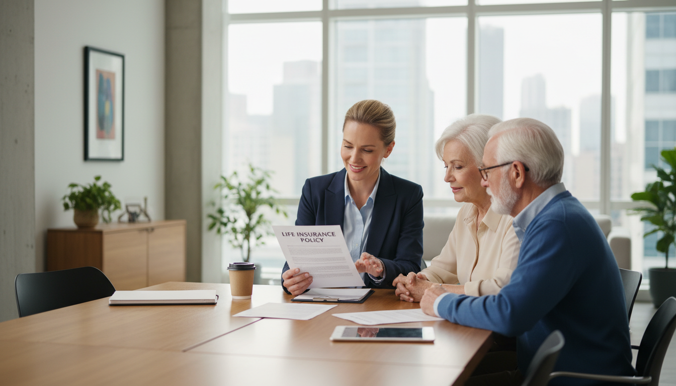 A professional financial advisor in a light-filled modern office sitting across from an elderly couple, explaining a document titled Life Insurance Policy with a friendly smile, photorealistic, cinematic lighting, 8k resolution