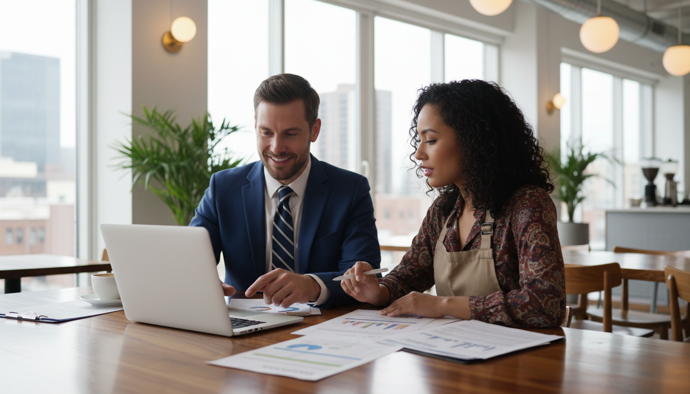 A professional insurance broker and a diverse restaurant owner sitting at a wooden dining table in a bright modern restaurant, looking at a laptop and documents together, representing a collaborative business planning session, photorealistic, high resolution.