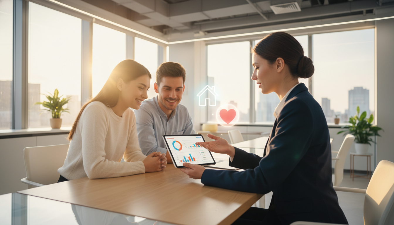 A professional insurance advisor sitting in a bright, modern office, explaining a digital chart on a tablet to a relaxed young couple, symbolic icons of a house and a heart floating subtly in the background, warm natural lighting, high-quality photography.