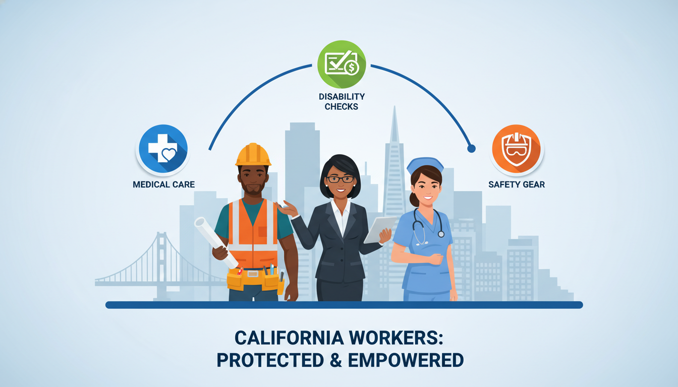 A professional infographic showing a diverse group of California workers—including a construction worker, an office executive, and a healthcare nurse—standing in front of a modern San Francisco skyline, with icons representing medical care, disability checks, and safety gear surrounding them.